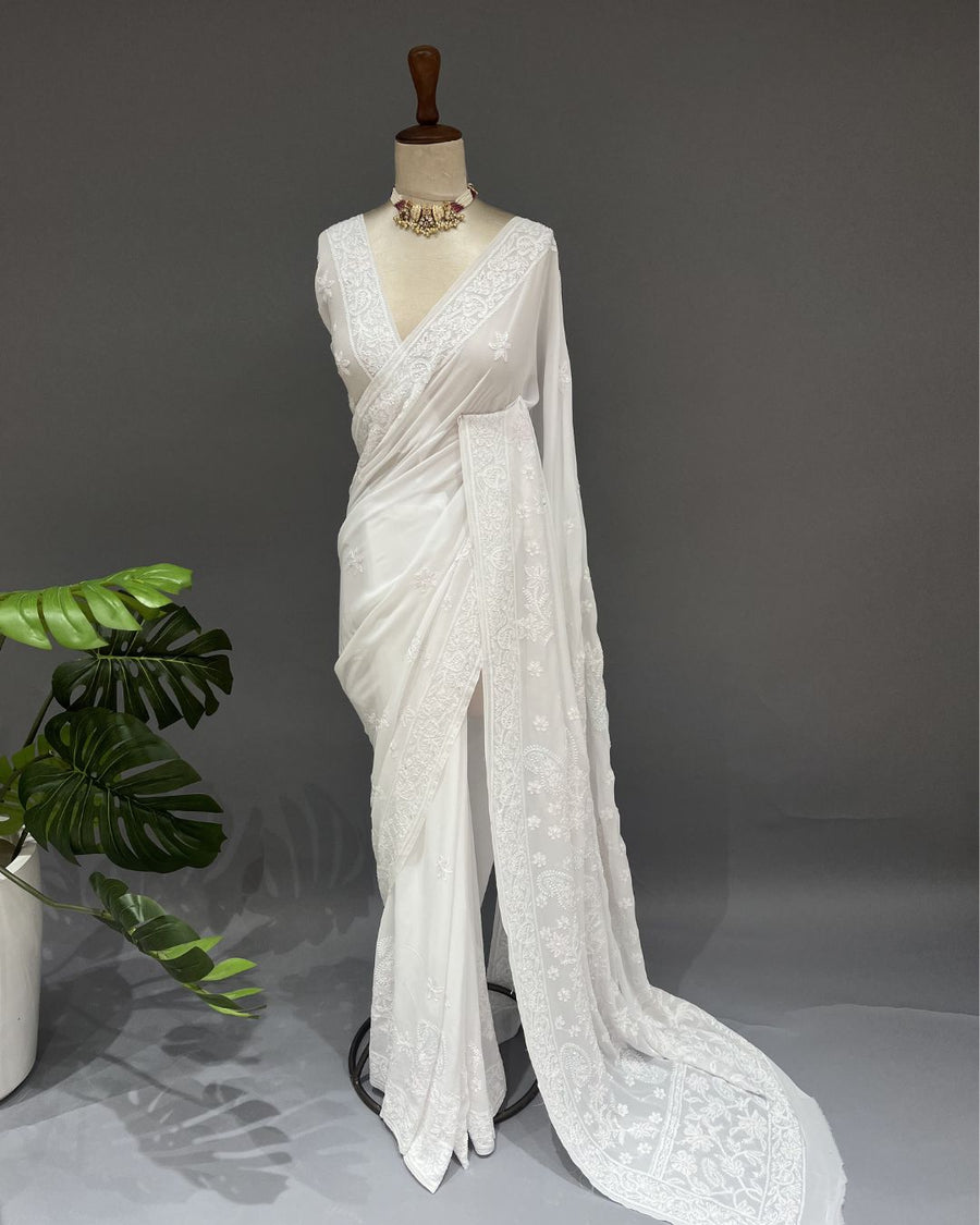 Viscose Chikankari Saree - White & Blue