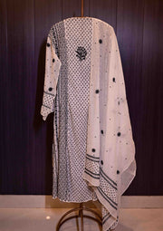 Women's Lucknowi Handcrafted Mul Chanderi Chikankari Semi - Stitched Kurta Dupatta Set- SC2413729