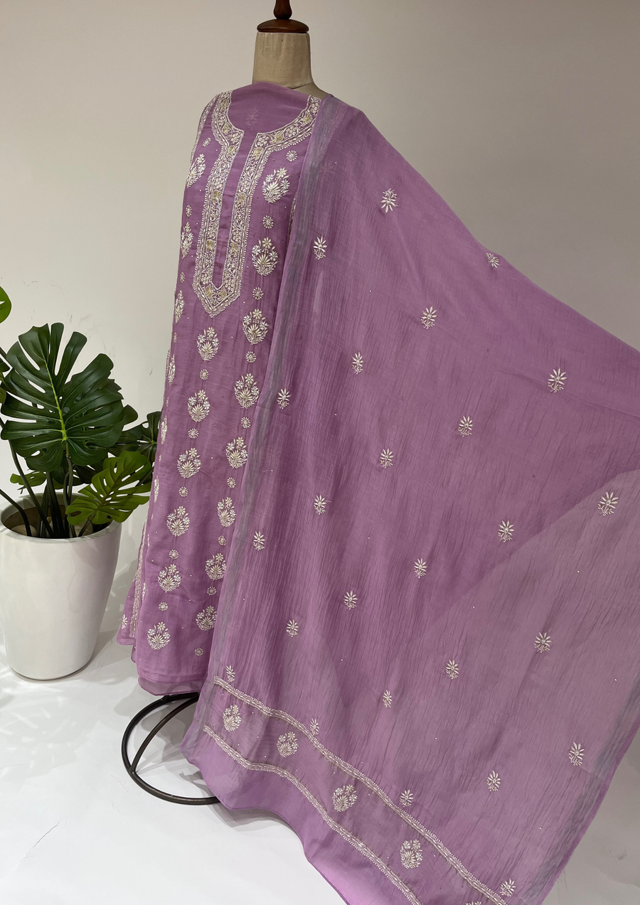 Mul Chanderi Chikankari unstitched Suit - Mauve