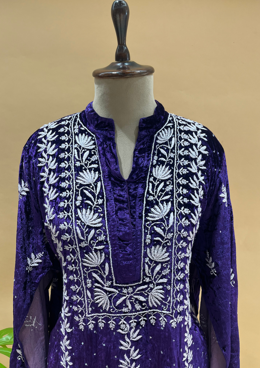 Velvet Chikankari Semistitched Palazzo Set - Purple