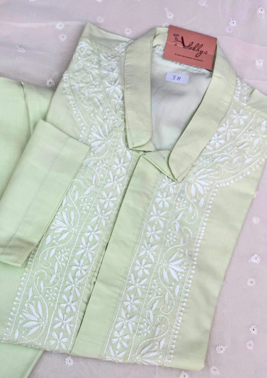 Cotton Chikankari Stitched Mens Kurta - Mint Green