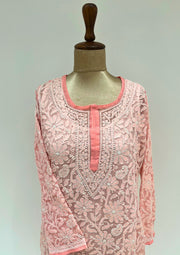 Georgette Chikankari Long Kurti - Peach Fuzz