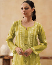 Mul Chikankari Long Kurti - Pear Green