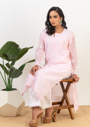 Cotton chikankari long kurti - soft pink