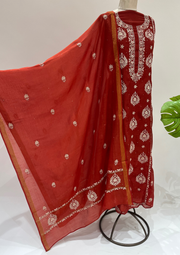 Mul Chanderi Chikankari Unstitched Suit - Blood Red