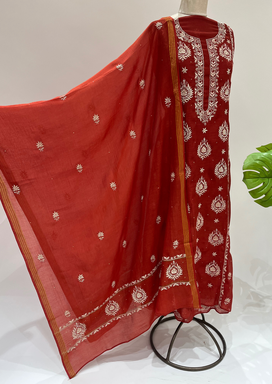 Mul Chanderi Chikankari Unstitched Suit - Blood Red