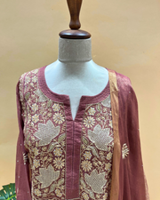 Chikankari Semistitched Tissue Straight Suit Set  - Rust
