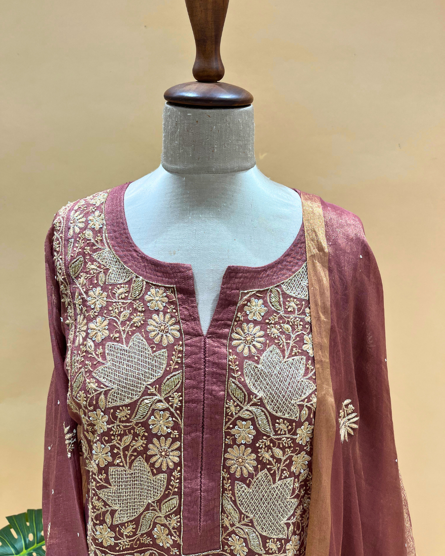 Chikankari Semistitched Tissue Straight Suit Set  - Rust