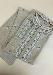 Linen Chikankari Stitched Mens Kurta - Beige