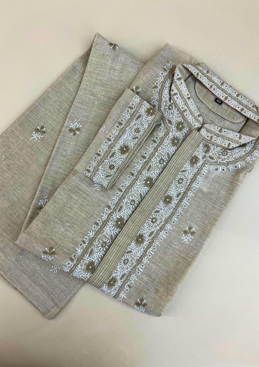 Linen Chikankari Stitched Mens Kurta - Beige