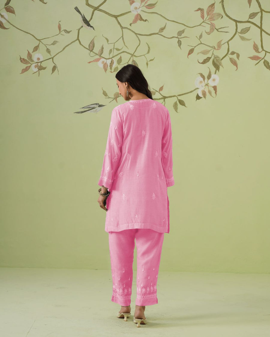Muslin Chikankari Co-ord Set - Fuchsia Pink