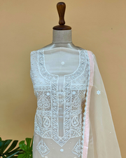 Organza Chikankari Unstitsched Kurta And Dupatta Set- Cream Latte