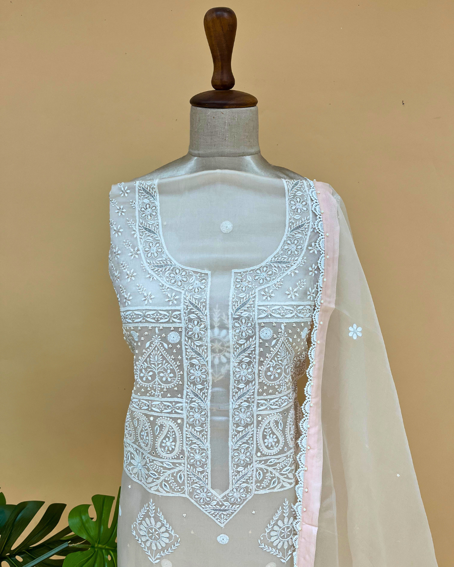 Organza Chikankari Unstitsched Kurta And Dupatta Set- Cream Latte