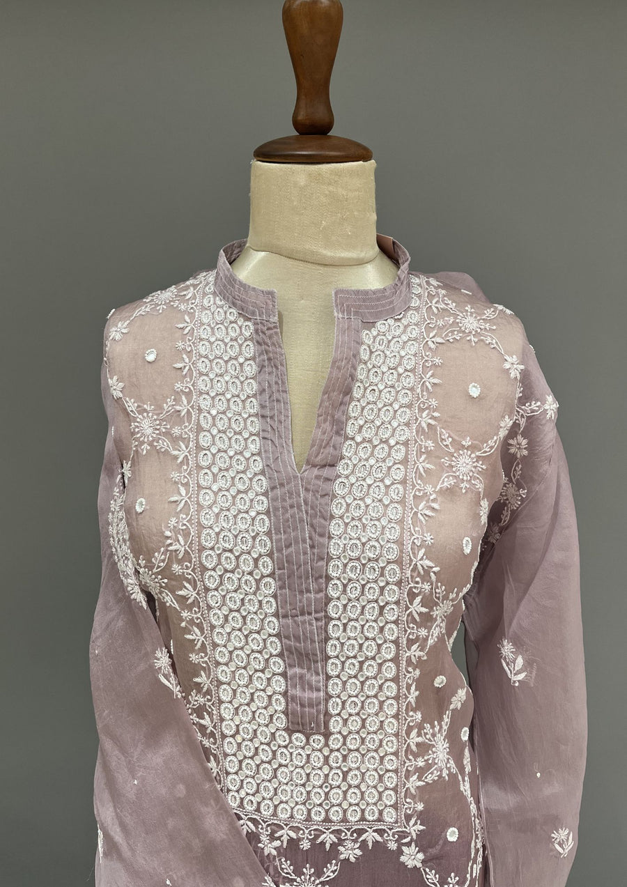 Organza Chikankari Semistitch Co-ord Set - Burgundy