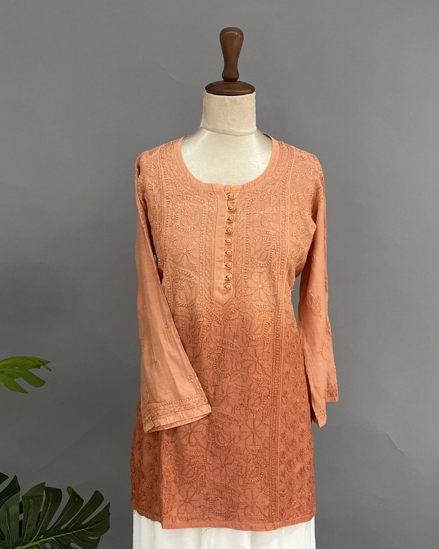 Muslin Chikankari Short Kurti - Rust Orange