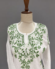 Cotton Chikankari Short Kurti - White & Green
