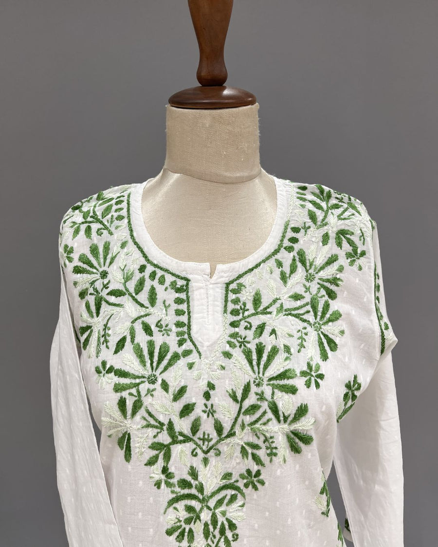 Cotton Chikankari Short Kurti - White & Green