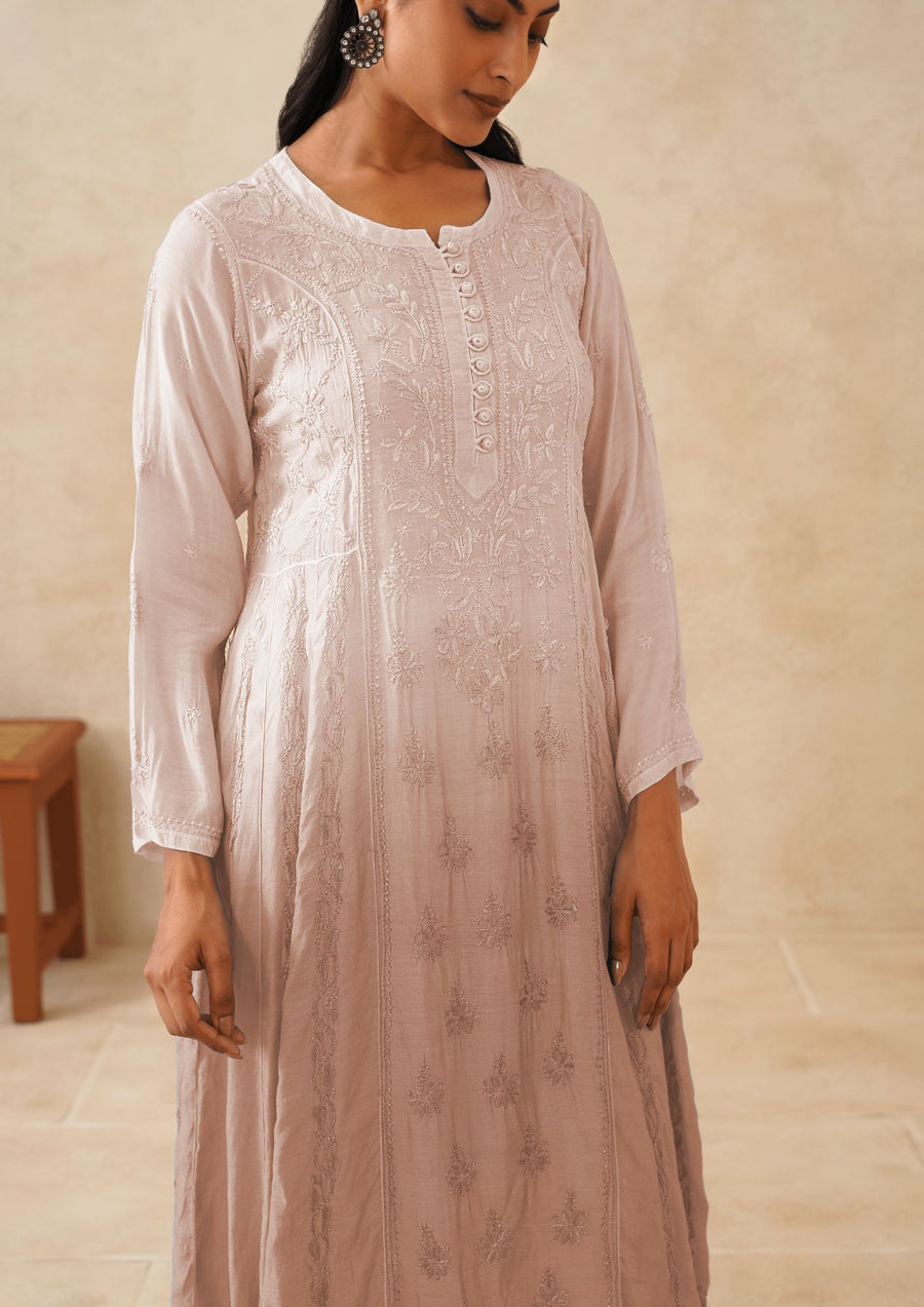 Muslin Chikankari Long Kurti - Ombre Dusty Mauve
