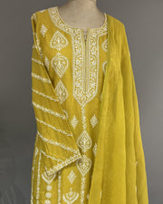 Mul Chanderi Chikankari Stitch 3 pc Suit - Orche Yellow