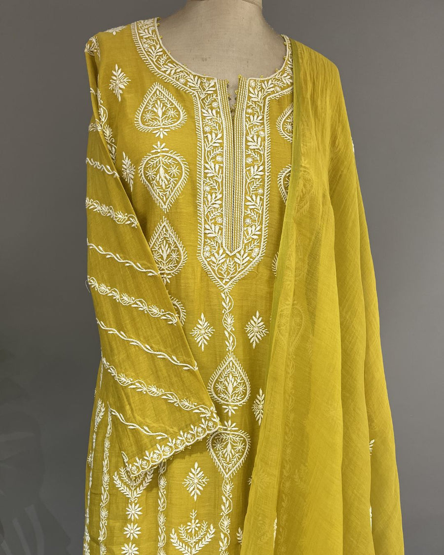 Mul Chanderi Chikankari Stitch 3 pc Suit - Orche Yellow