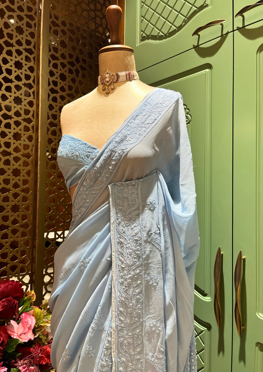 Chikankari Viscose Saree - Powder Blue