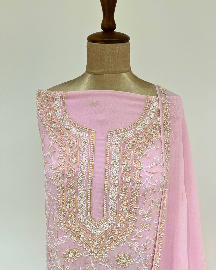 Pure Georgette Chikankari Unstitched 2pc Suit - Bubblegum Pink