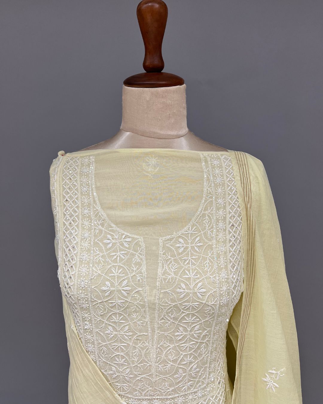 Mul Chanderi Chikankari Unstitched 2pc Suit - Lemon Yellow
