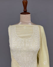 Mul Chanderi Chikankari Unstitched 2pc Suit - Lemon Yellow