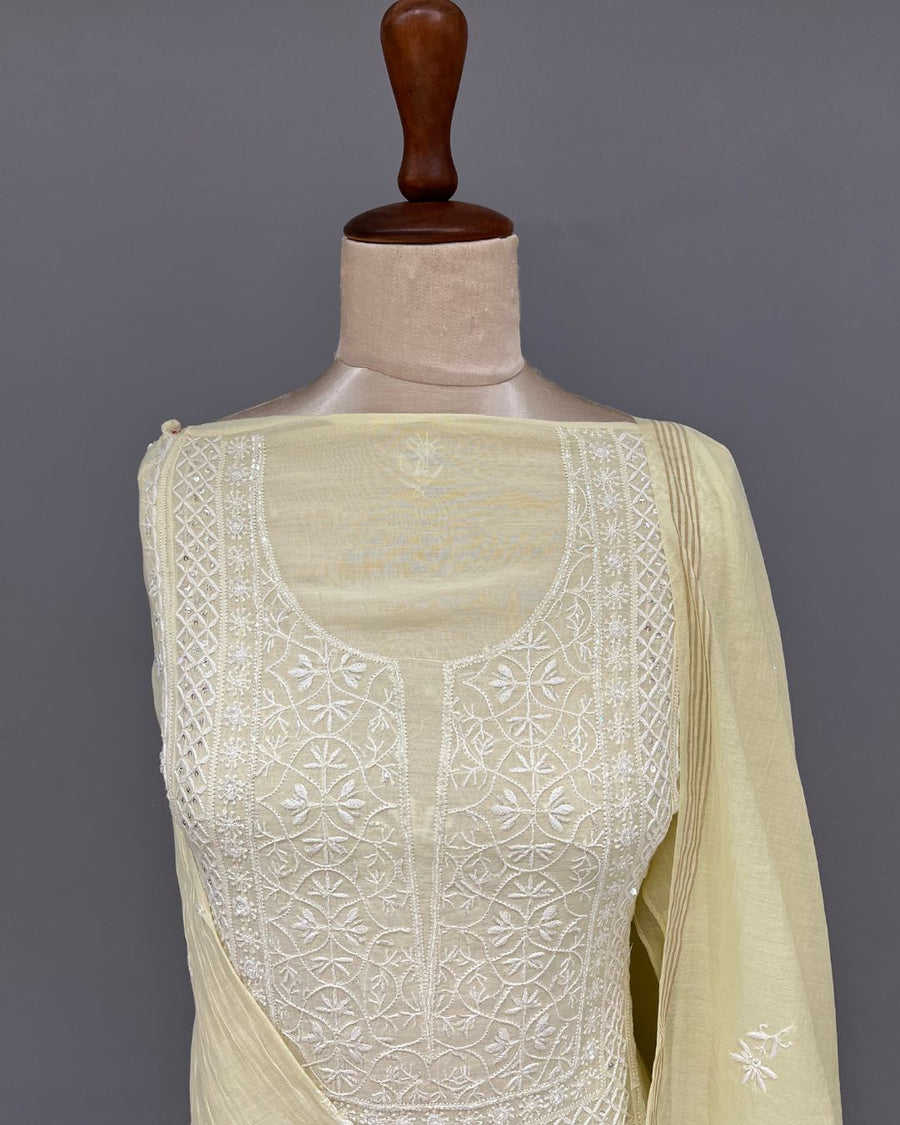 Mul Chanderi Chikankari Unstitched 2pc Suit - Lemon Yellow
