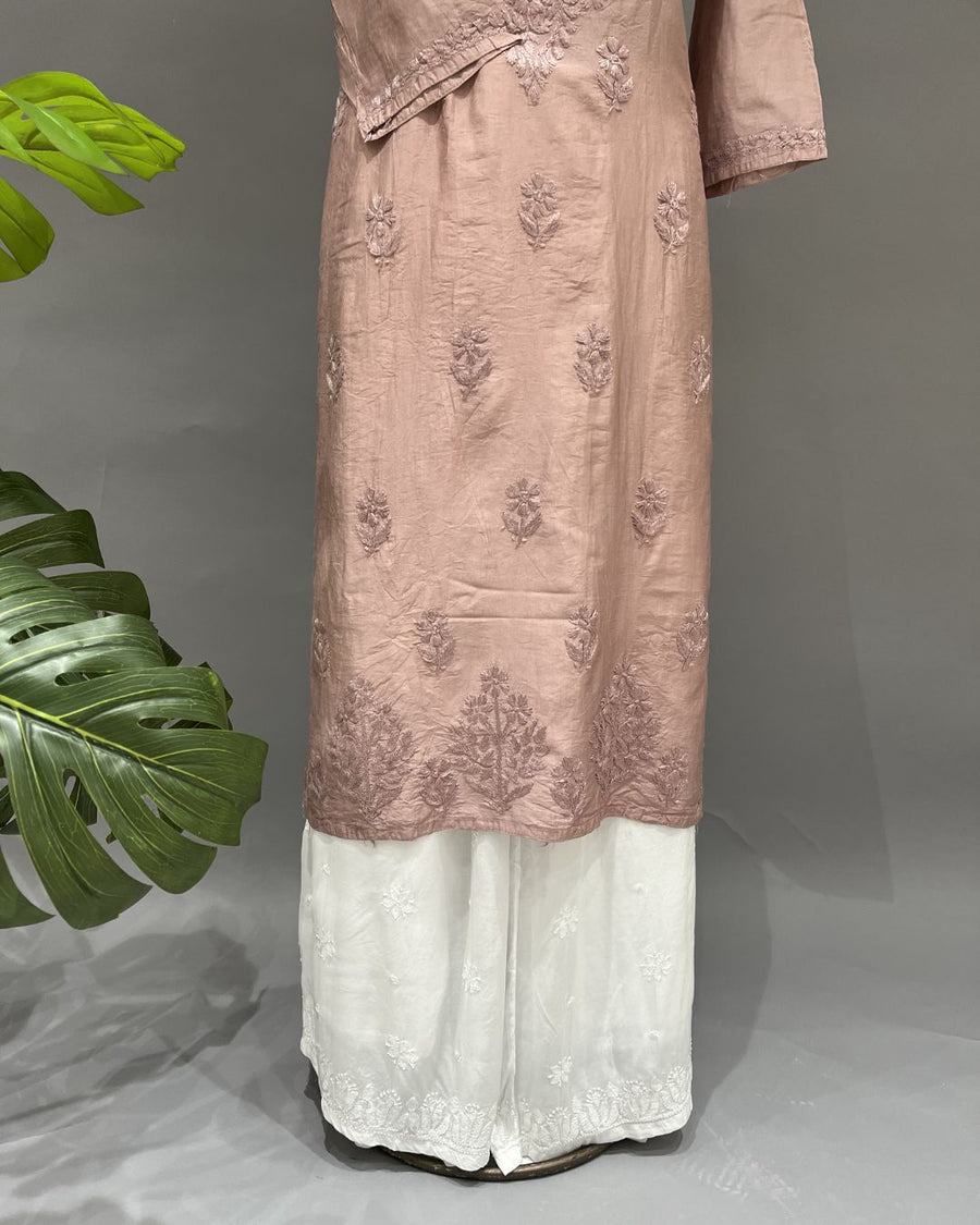 Chanderi Chikankari Long Kurti - Apricot