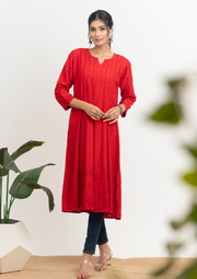 Chanderi Chikankari A-line Kurta - Red