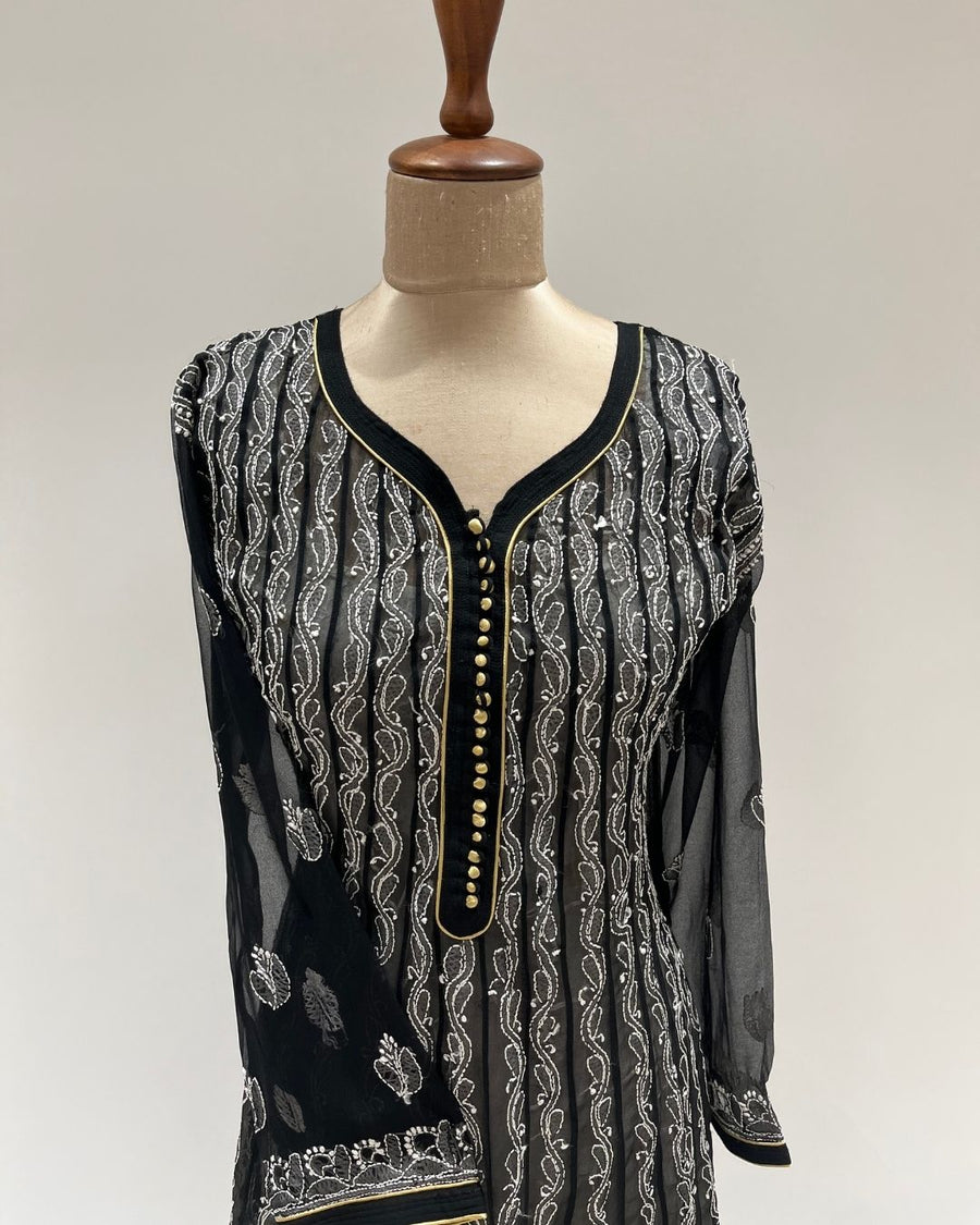 Georgette Anarkali Chikankari Kurta - Black