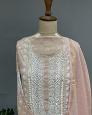Banarsi Chanderi Chikankari Semistitch 2pc Suit - Nude Pink