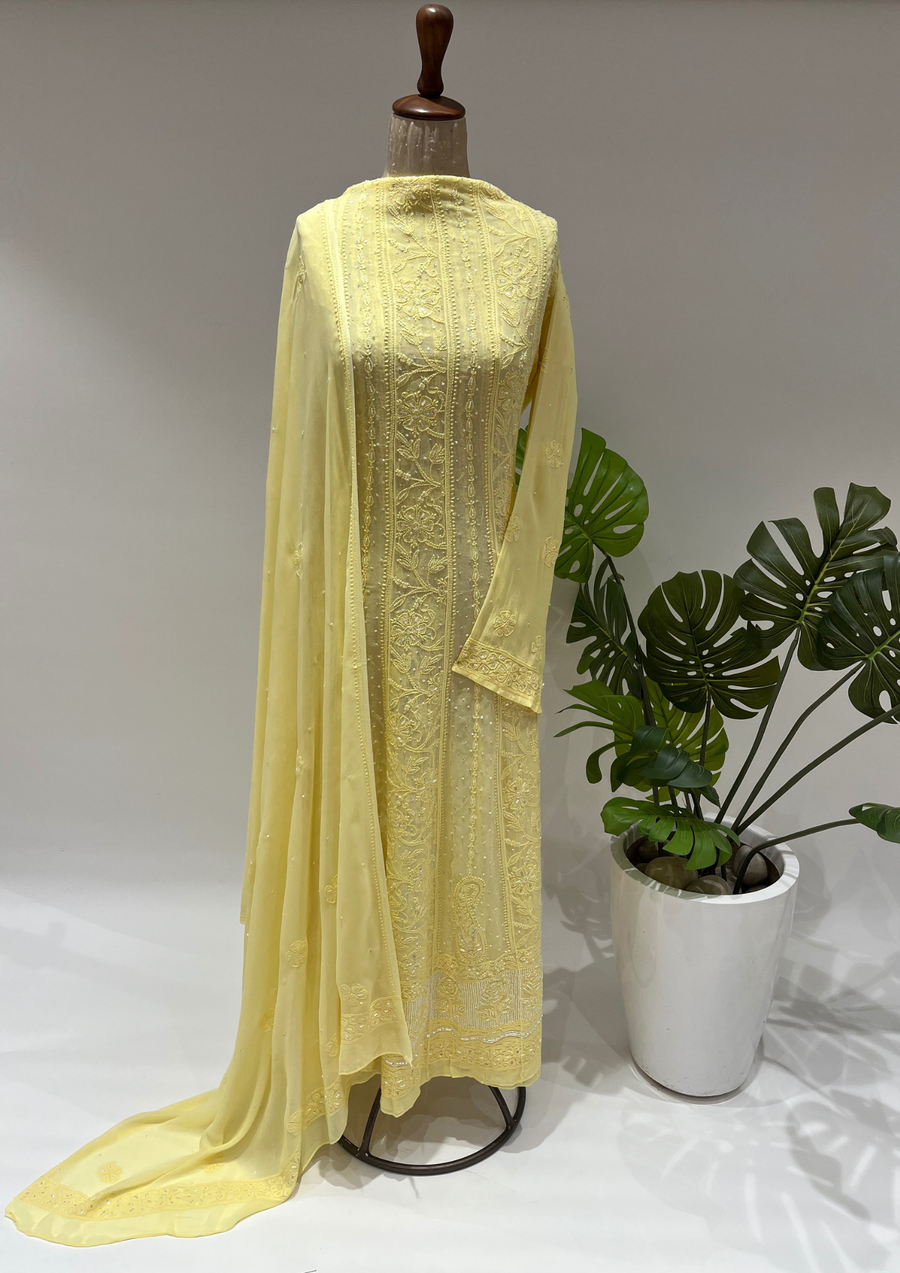 Viscose Chikankari Semistitched Anarkali - Sunshine Yellow