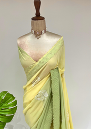 Pure Georgette Chikankari Saree - Lime Green And Yellow Shaded