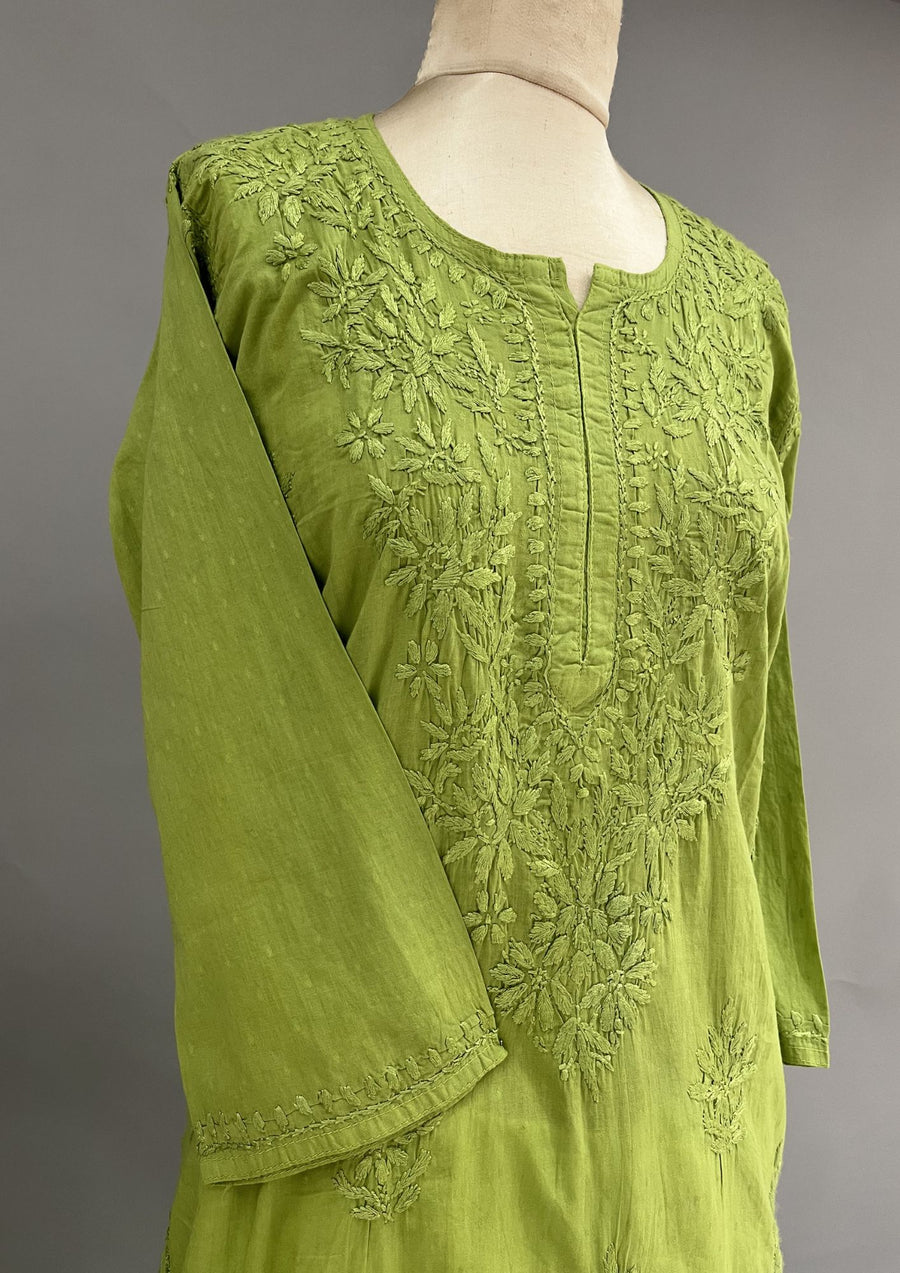 Cotton Chikankari Kurti - Tea Green