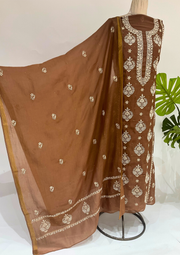 Mul Chanderi Chikankari Unstitched Suit - Brown