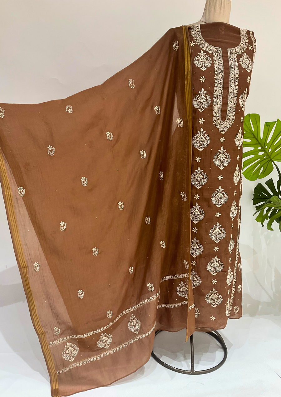 Mul Chanderi Chikankari Unstitched Suit - Brown