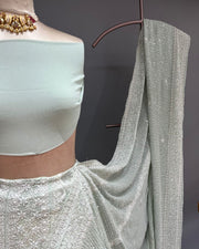 Pure Georgette Chikankari Unstitched Lehnga - Mint Green