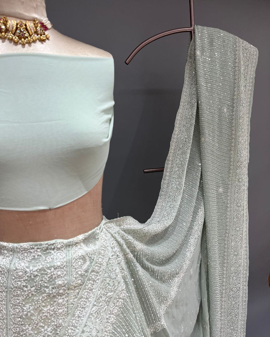 Pure Georgette Chikankari Unstitched Lehnga - Mint Green