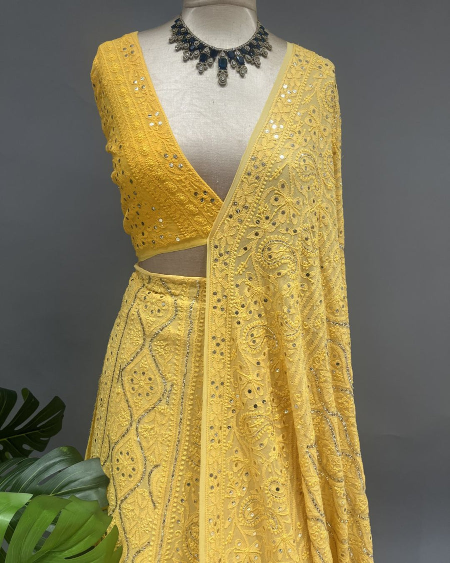 Viscose Chikankari Unstich Lehenga - Sunflower Yellow