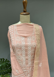 Chikankari Mul Unstitched Kurta And Dupatta Set  - Rose Pink