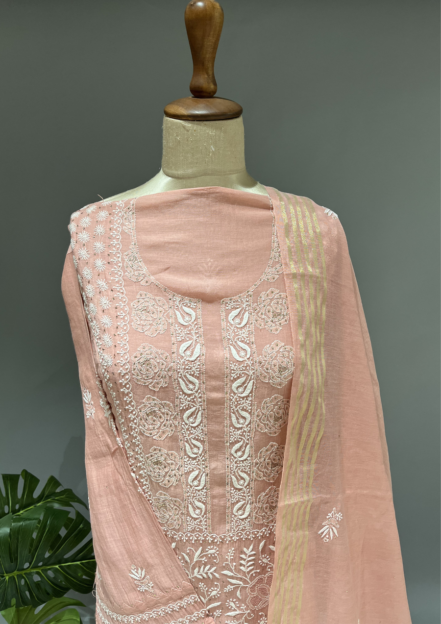 Chikankari Mul Unstitched Kurta And Dupatta Set  - Rose Pink