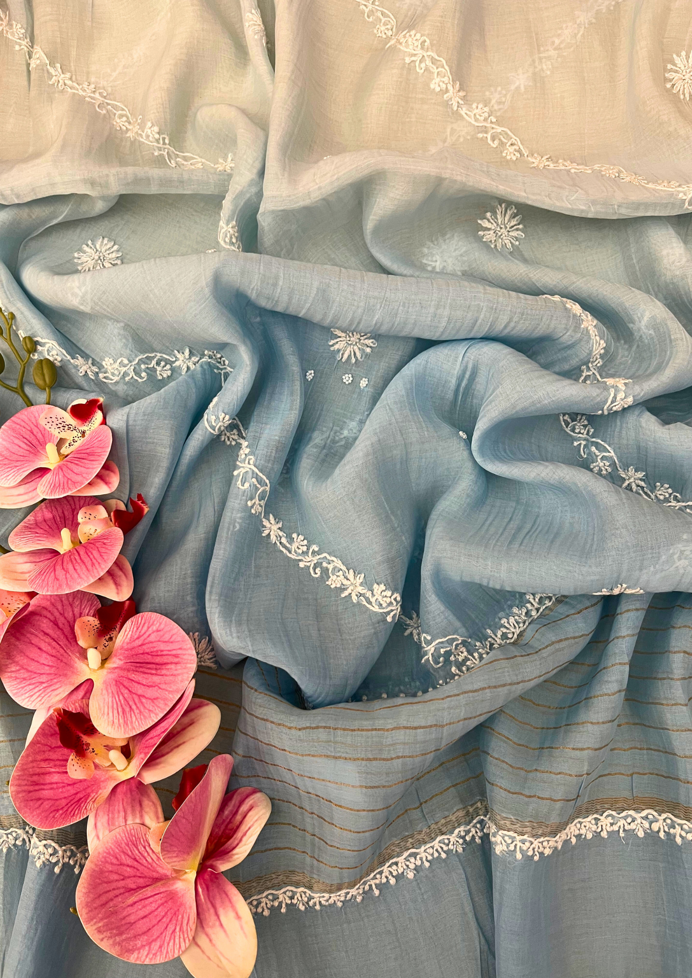 Chikankari Mul Chanderi Unstitched 2Pc Suit - Powder Blue