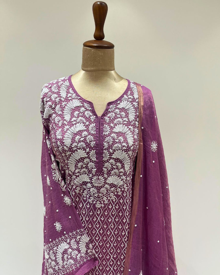 Tissue Chikankari Unstitched Anarkali - Light Plum
