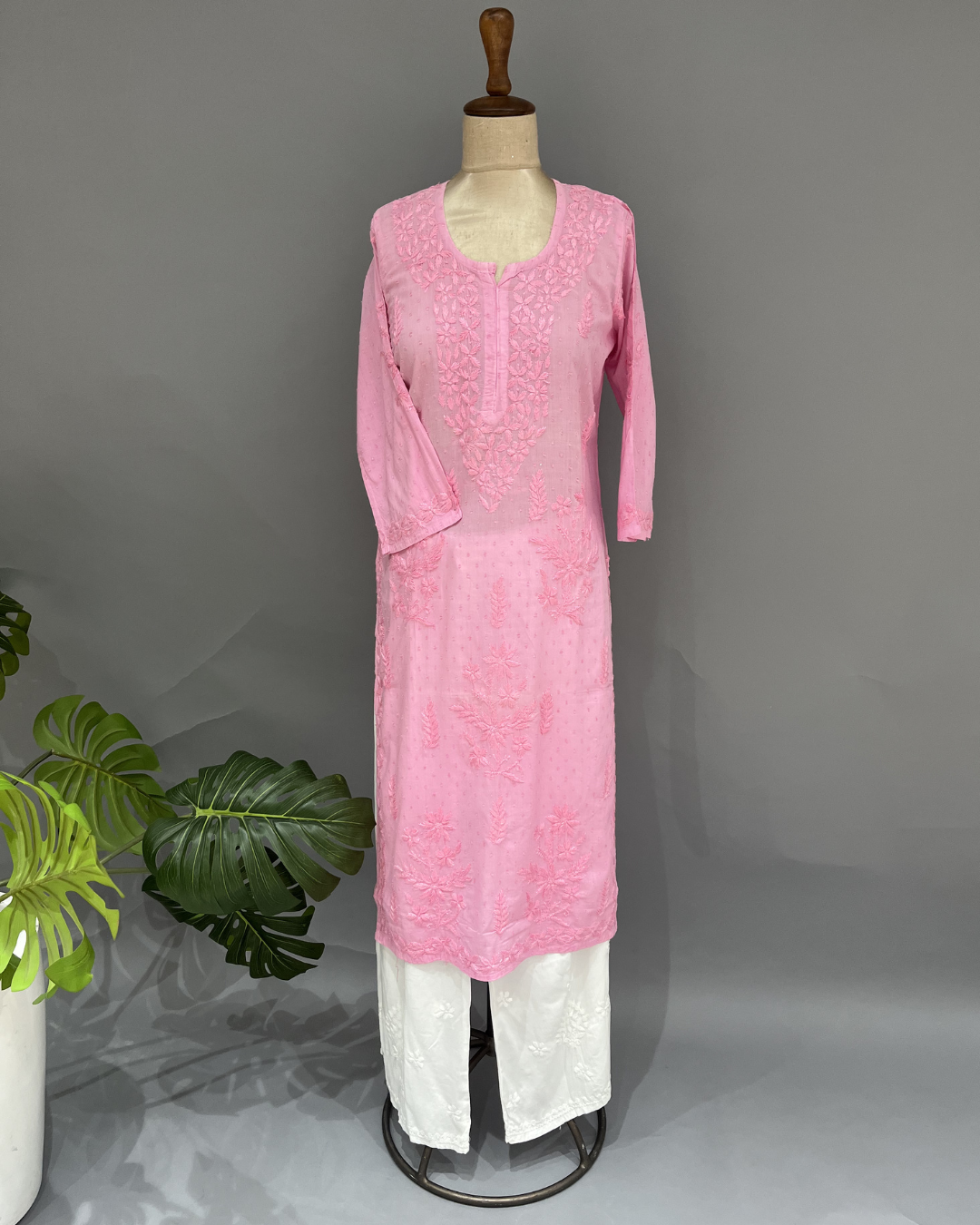 Cotton Chikankari Kurti - Carnation PInk