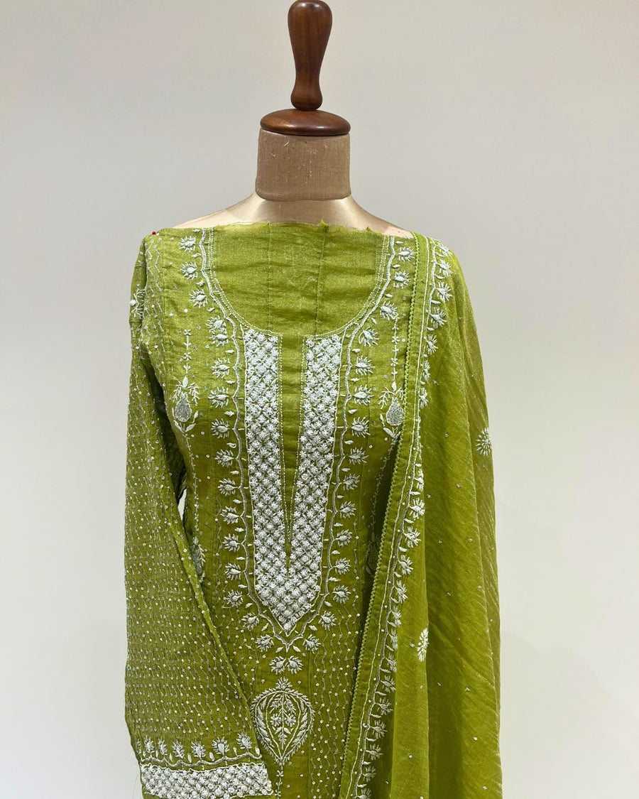 Tissue Chikankari Unstitched Anarkali - Citron Green