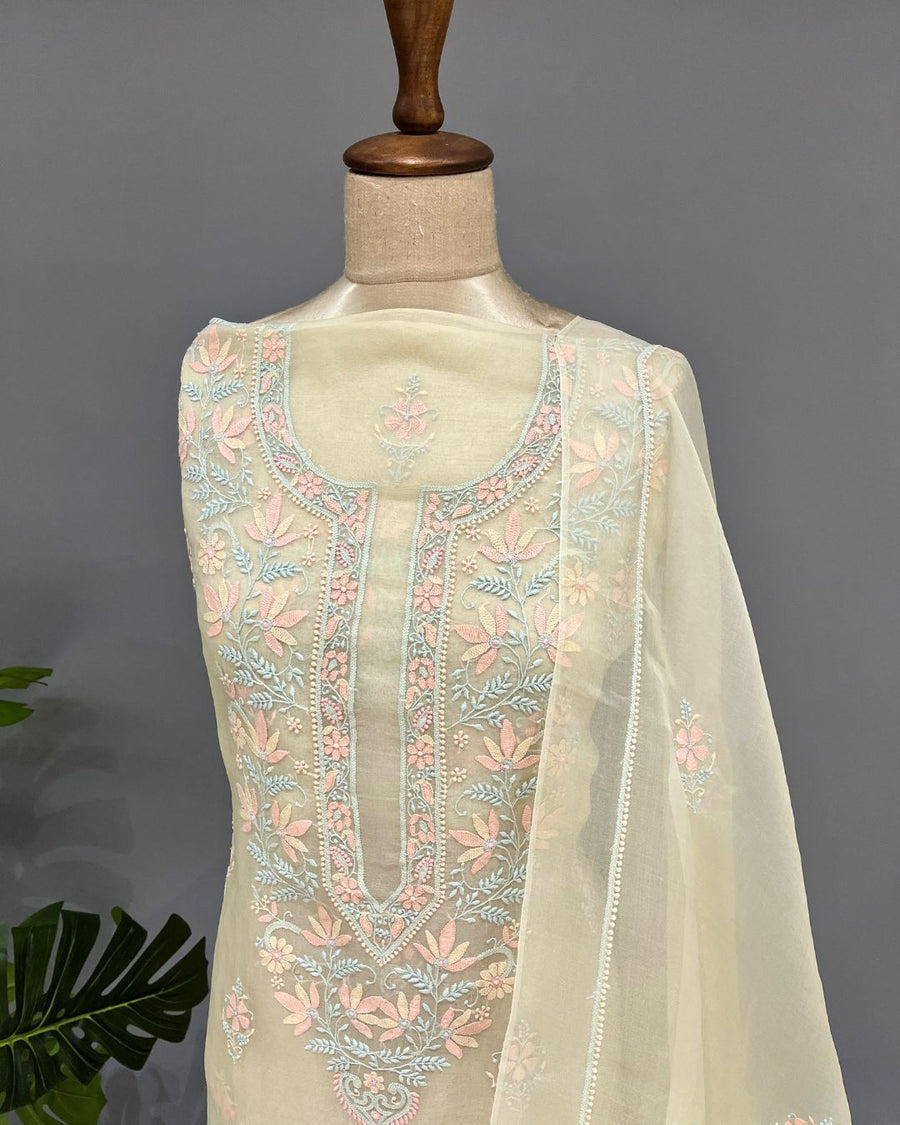 Chikankari Organza Unstitched Suit - Pista Green