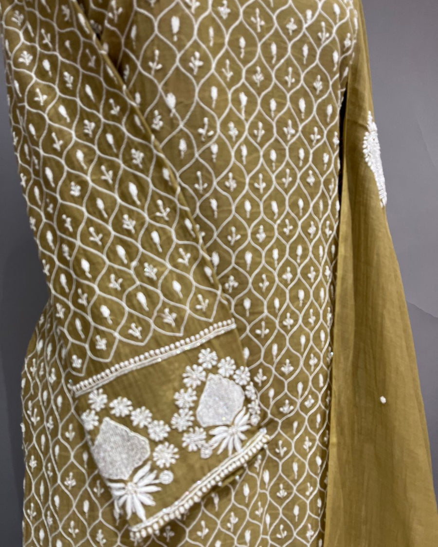 Mul Chanderi Chikankari Stitch 3pc Suit - Olive Green