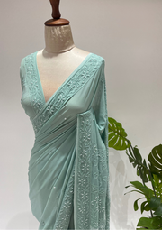 Viscose Chikankari Saree - Teal Green